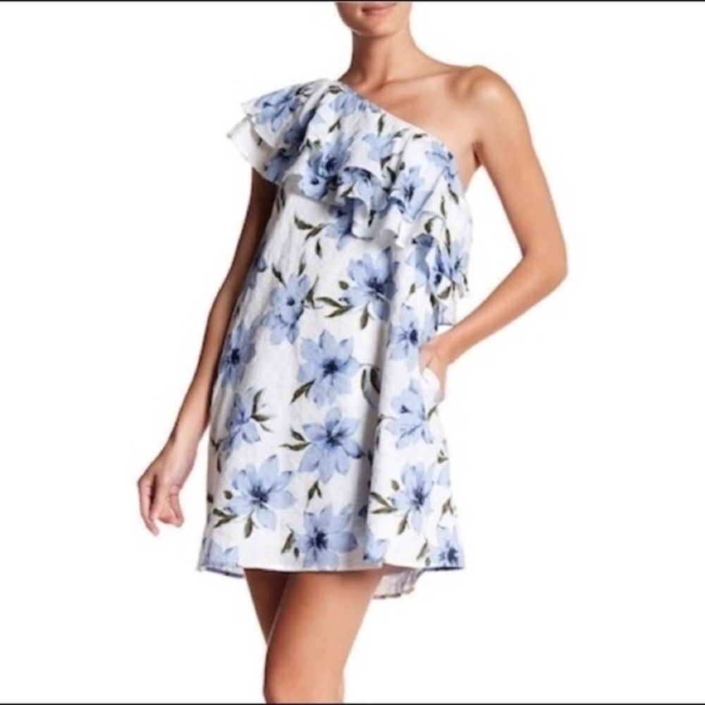 Love Riche blue and white one shoulder floral dress, Size small